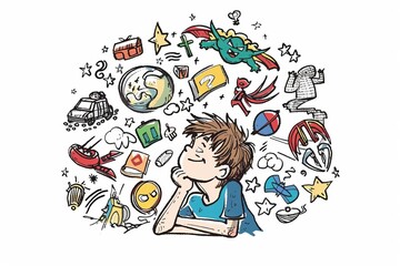 Cartoon cute doodles of a boy daydreaming about becoming a superhero and saving the world from villains, Generative AI