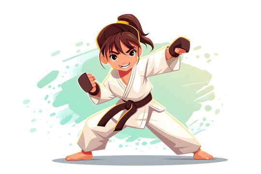 Illustration of a young girl doing karate on a white background