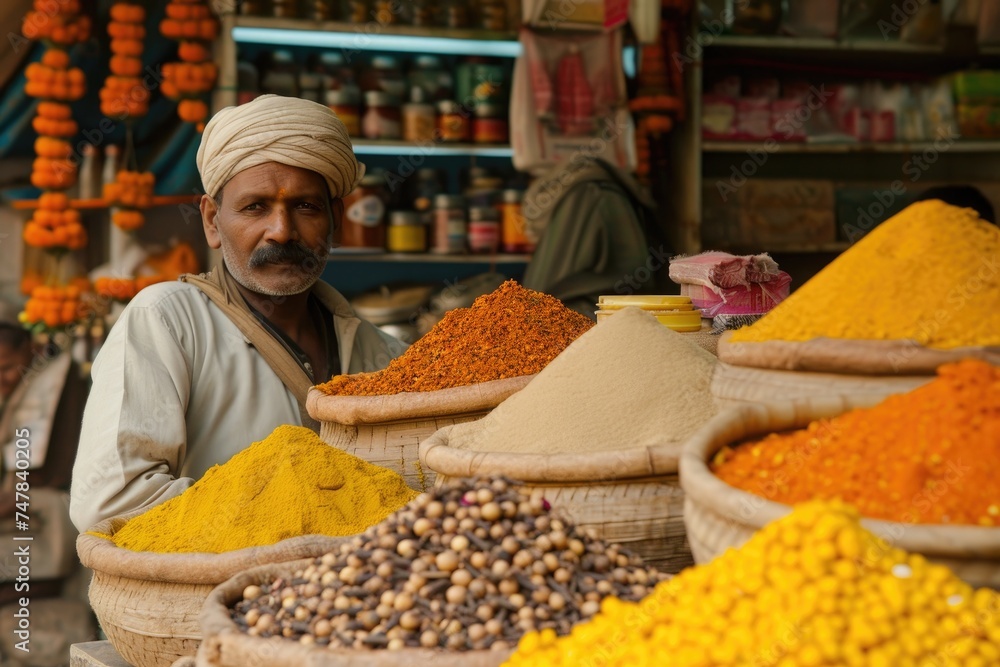 Aufkleber a man in casual attire stands in front of a display filled with a diverse range of spices at an open