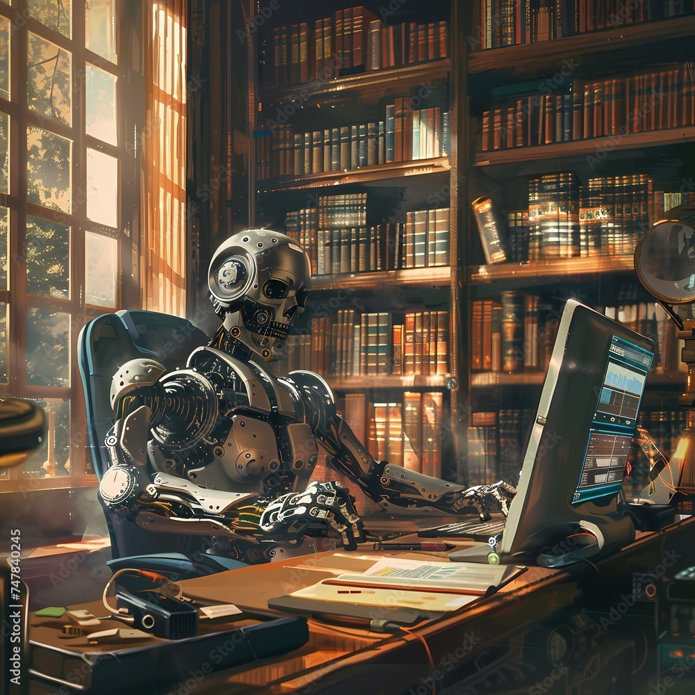Poster an android with a reflective skull design is captured in a moment of contemplation at an elegant des