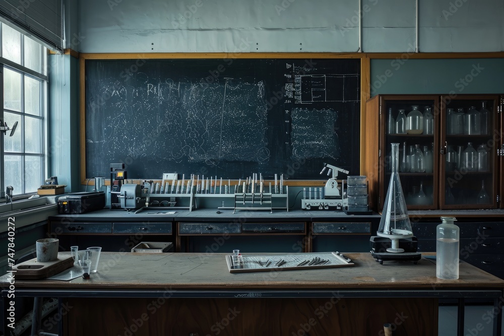 Poster a lab filled with numerous bottles and a blackboard in the background, depicting a scientific enviro