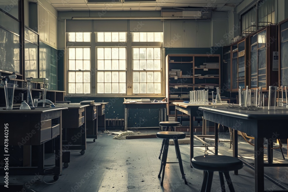 Poster spacious room filled with numerous tables and chairs, science lab classroom, hauntingly empty with t