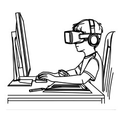 single continuous drawing black line art linear boy using virtual reality headset simulator glasses to learn new technology