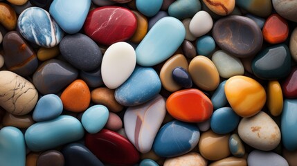 Fototapeta na wymiar Colorful pebbles background, top view, square composition. Travel and vacation concept with copy space. 