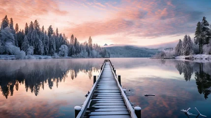 Fotobehang Winter Wonderland: Snowy Lake Sunset Reflections, Canon RF 50mm f/1.2L USM Capture © Nazia