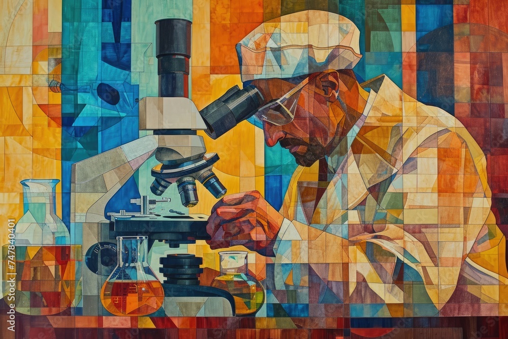 Poster a painting capturing the scene of a man intensely focused while looking through a microscope, scient
