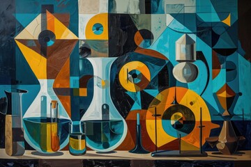 A visually detailed painting depicting an assortment of objects placed on a table, showcasing a range of shapes, textures, and colors, Scientific experiment in a cubism style, AI Generated
