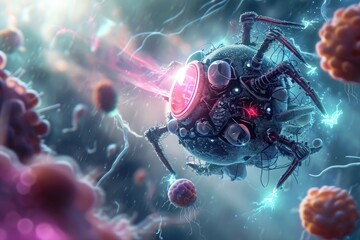 A computer-generated image depicting a spider launching an attack on a cell phone, Sci-fi illustration of nanobot entering a cell, AI Generated - obrazy, fototapety, plakaty
