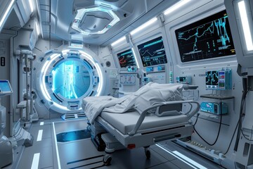 This photo depicts a hospital room with a bed and monitors displaying the patients vital signs, Sci-fi medical room in a space vessel, AI Generated