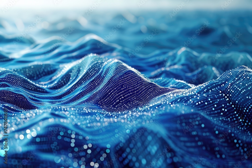Poster a realistic painting featuring vibrant blue waves crashing against each other, surrounded by cluster