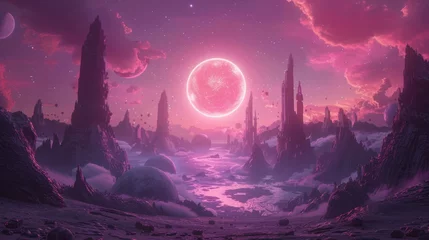 Foto op Plexiglas Dreamy Pink Planet City, Rocks in Water - Aesthetic Sci-Fi Background Material © lijie