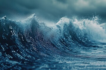 A powerful and towering wave rises in the center of the expansive ocean, exhibiting the forces of nature, Sea waves composed of binary code, AI Generated - obrazy, fototapety, plakaty