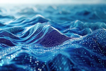 Fotobehang A realistic painting featuring vibrant blue waves crashing against each other, surrounded by clusters of transparent bubbles, Sea waves composed of binary code, AI Generated © Iftikhar alam