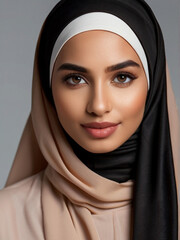 Gorgeous stylish Muslim woman with beautiful makeup and luxurious silk hijab	