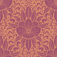 Seamless red Damask pattern on an orange background. Floral abstract repeat monochrome background.