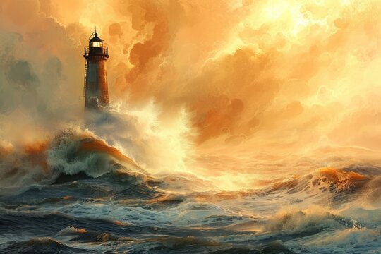 This photo depicts a powerful painting of a lighthouse standing tall amidst crashing waves and dark storm clouds, Seascape with a wave breaking against a lighthouse, AI Generated