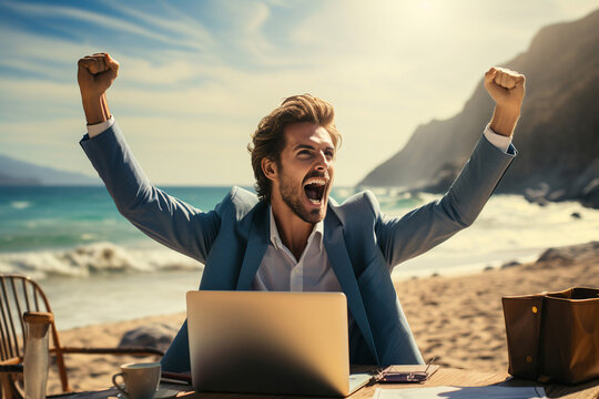 businessman with laptop on the beach, businessman with laptop, Portrait of a young businessman in a suit and tie with a laptop, rejoicing that he has finished work or win on stock market or crypto