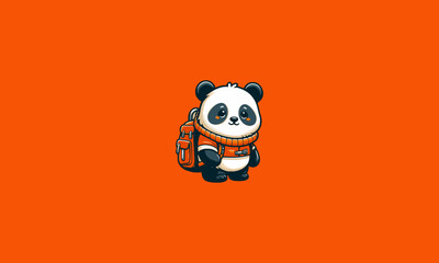panda wearing backpack orange vector mascot design