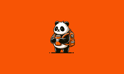 panda wearing backpack orange vector mascot design