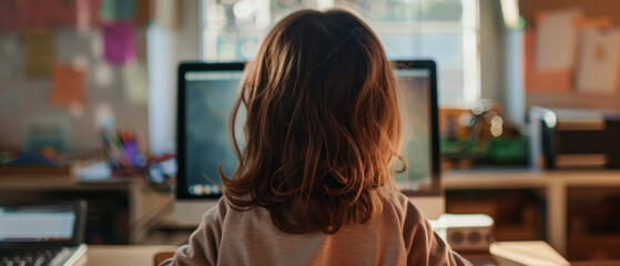 Child intently focused on a computer screen, absorbed in a digital world at home.
