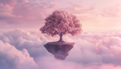 A majestic tree on a floating island drifts among fluffy pink clouds in a serene and dreamlike fantasy sky