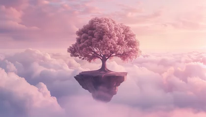 Fotobehang A majestic tree on a floating island drifts among fluffy pink clouds in a serene and dreamlike fantasy sky © Seasonal Wilderness