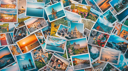 Fototapeta na wymiar Top view of A collage of many photos. Lots of vacation travel photos