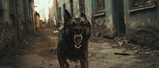 Intense guard dog snarls menacingly in a deserted alleyway. - obrazy, fototapety, plakaty