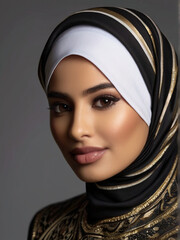 Gorgeous stylish Muslim woman with beautiful makeup and luxurious silk hijab	