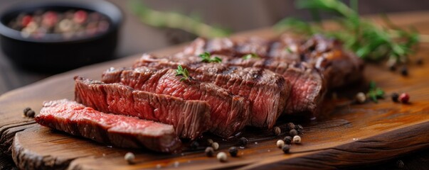 Grilled Rib Eye beef steak slices on wooden board