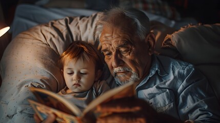 Grandpa-Grandchild Bonding Time Reading a Book in Bed