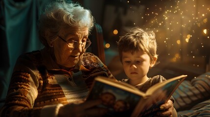 Elderly Woman Reading to a Young Boy at Bedtime - obrazy, fototapety, plakaty