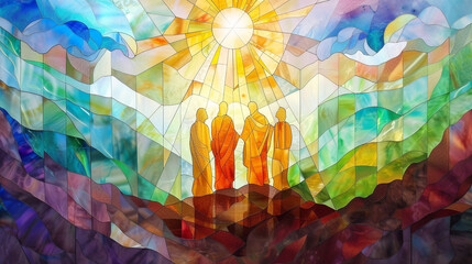 Illustrate the Transfiguration of Jesus on the mountain with Moses and Elijah in stained glass, using radiant colors to highlight the divine revelation and the awe of the witnessing disciples. 