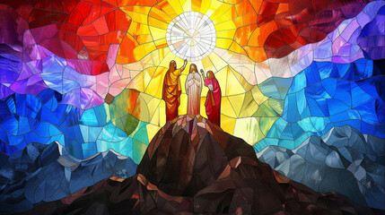Illustrate the Transfiguration of Jesus on the mountain with Moses and Elijah in stained glass,...