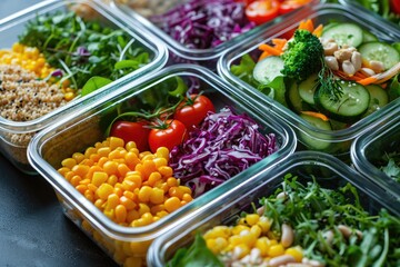 A detailed view of a tray filled with an assortment of vibrant vegetables and nourishing food items, Several portioned containers filled with delicious, colorful salads, AI Generated - obrazy, fototapety, plakaty