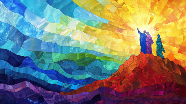 Illustrate the Transfiguration of Jesus on the mountain with Moses and Elijah in stained glass, using radiant colors to highlight the divine revelation and the awe of the witnessing disciples.