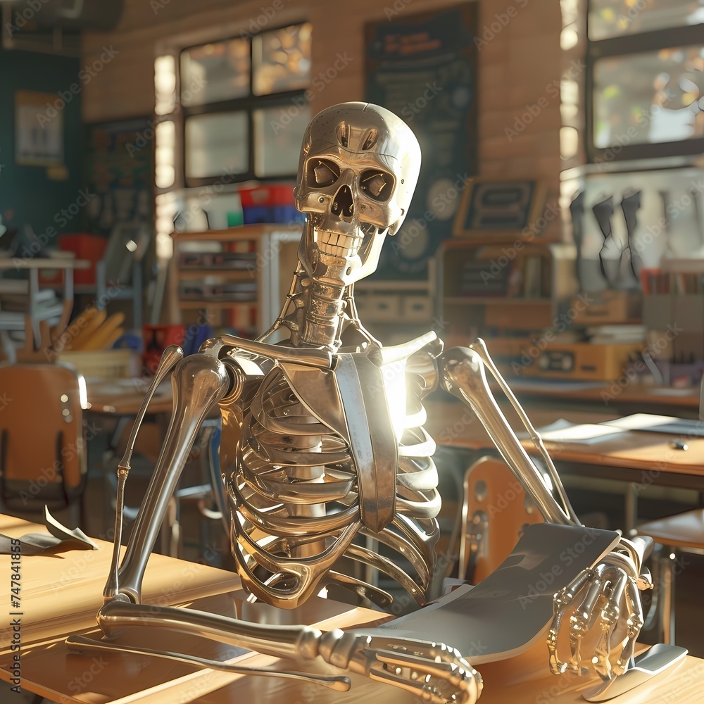 Poster golden light floods the classroom where a robotic skeleton sits at a desk, poised as if in deep thou