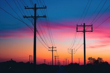 A colorful sunset shines through power lines and telephone poles in the foreground, Shadow of power lines against a twilight sky, AI Generated