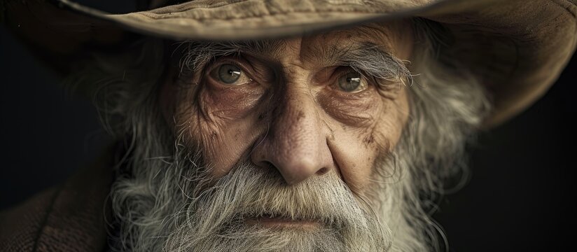 An elderly man with a lengthy white beard is wearing a classic hat, showcasing a traditional and distinguished appearance. The man exudes wisdom and experience through his weathered features and