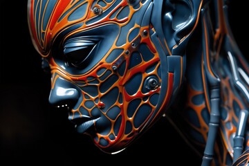 portrait of a humanoid cyborg robot with a complex skin and body structure and elements of biomechanics