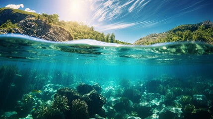 Fototapeta na wymiar Tranquil Split Underwater Scene: Sunlit Sky & Serene Sea - Canon RF 50mm f/1.2L USM Capture