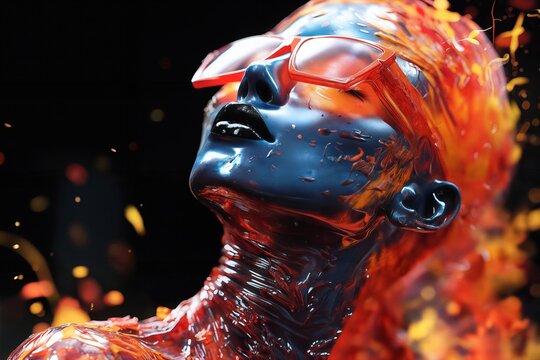woman with red glasses and a fire painted body is looking up at something in the air, 3D render, computer art
