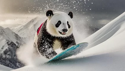 Rolgordijnen Cute panda is snowboarding in the snowy mountains © Turgut