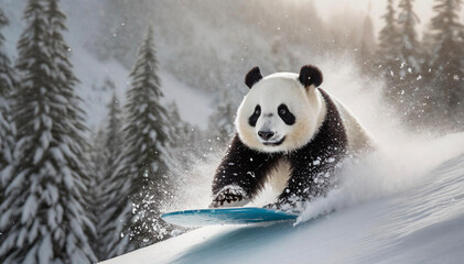 Cute panda is snowboarding in the snowy mountains