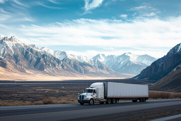 Obraz premium Semi truck on highway with scenic mountain landscape. Logistics and transportation.