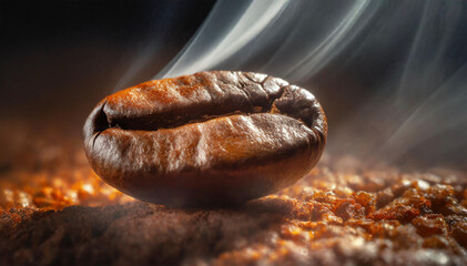 roasted coffee beans with smoke on a dark background close-up - obrazy, fototapety, plakaty
