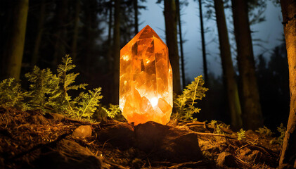 Amber crystal in the forest at night. Selective focus.