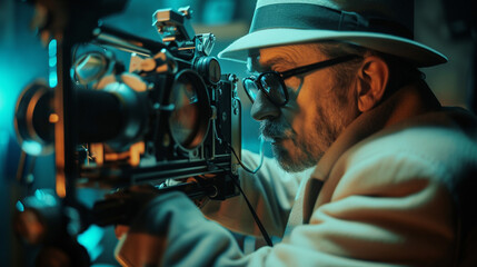 Photograph a director looking through the viewfinder of a vintage film camera, symbolizing the timeless art of filmmaking