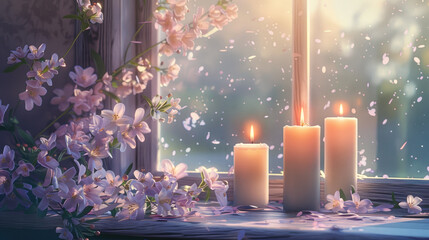 Candles and flowers on window in pastel colors. Cozy seasonal decorations on window sill. Relax, hygge, spring, harmony, meditation, life balance concept.