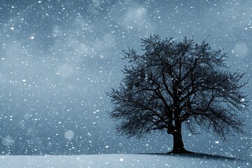 A single tree stands tall in a snowy landscape, creating a striking contrast against the white background, Silhouette of a barren tree against a snowfall, AI Generated